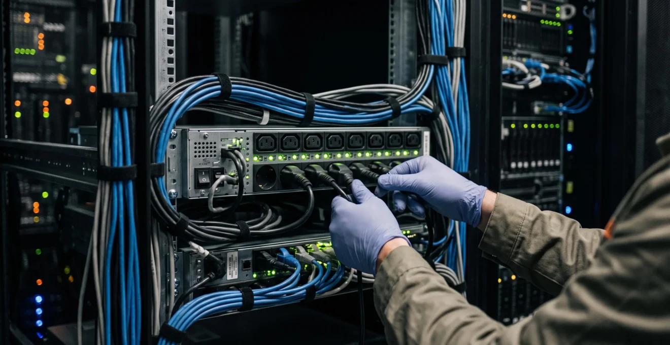 Gros plan sur des unités de distribution électrique redondantes et câblage réseau dans un data center, avec technicien vérifiant les connexions