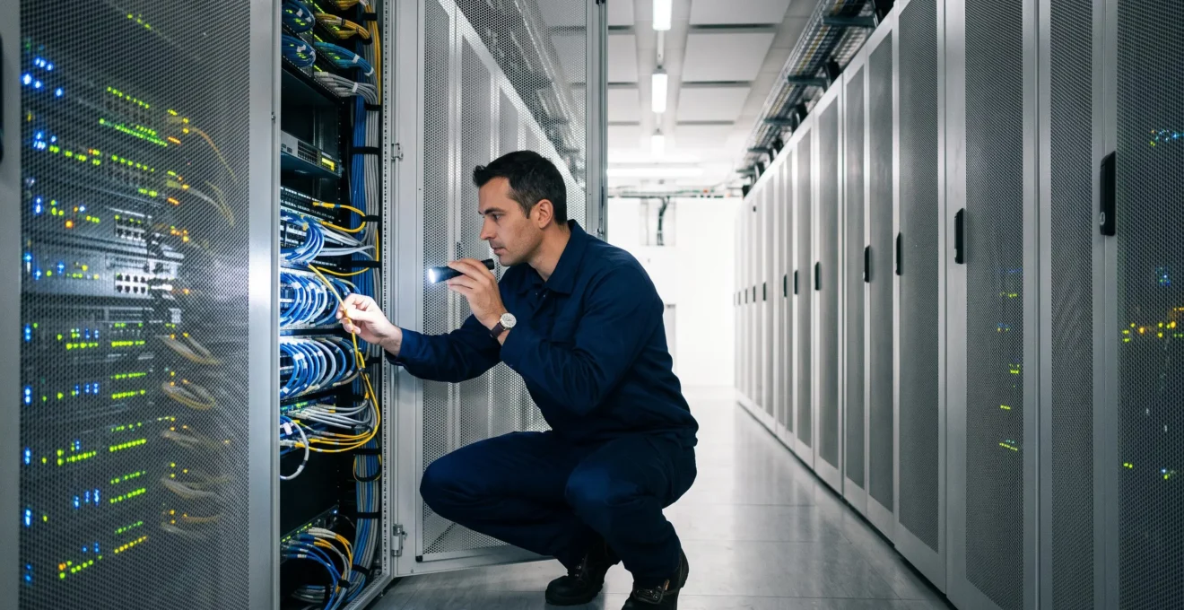 Technicien IT inspectant des baies de serveurs dans une allée d'un data center professionnel