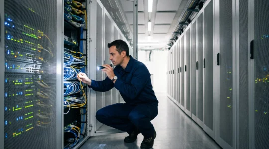 Technicien IT inspectant des baies de serveurs dans une allée d'un data center professionnel